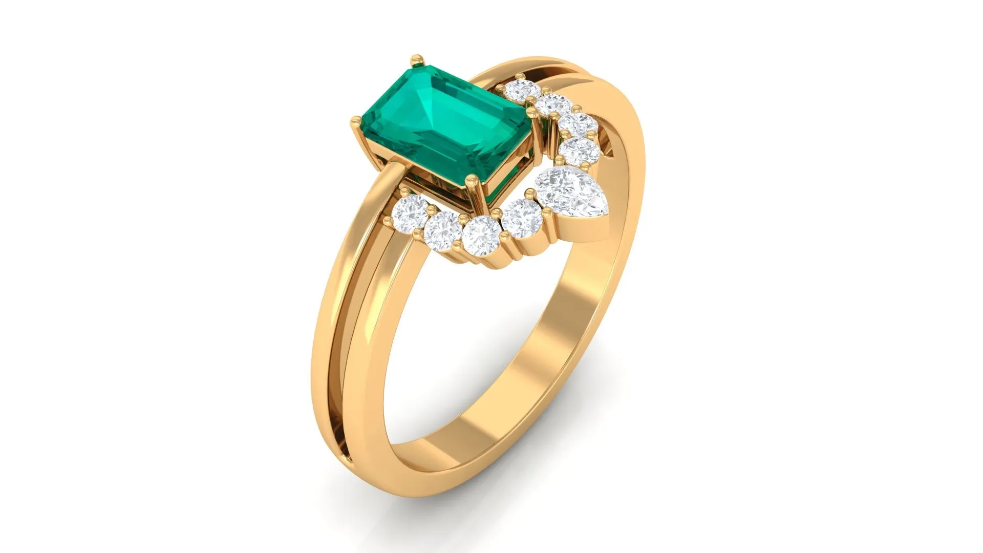 1 CT Solitaire Emerald Double Band Engagement Ring with Diamond Accent