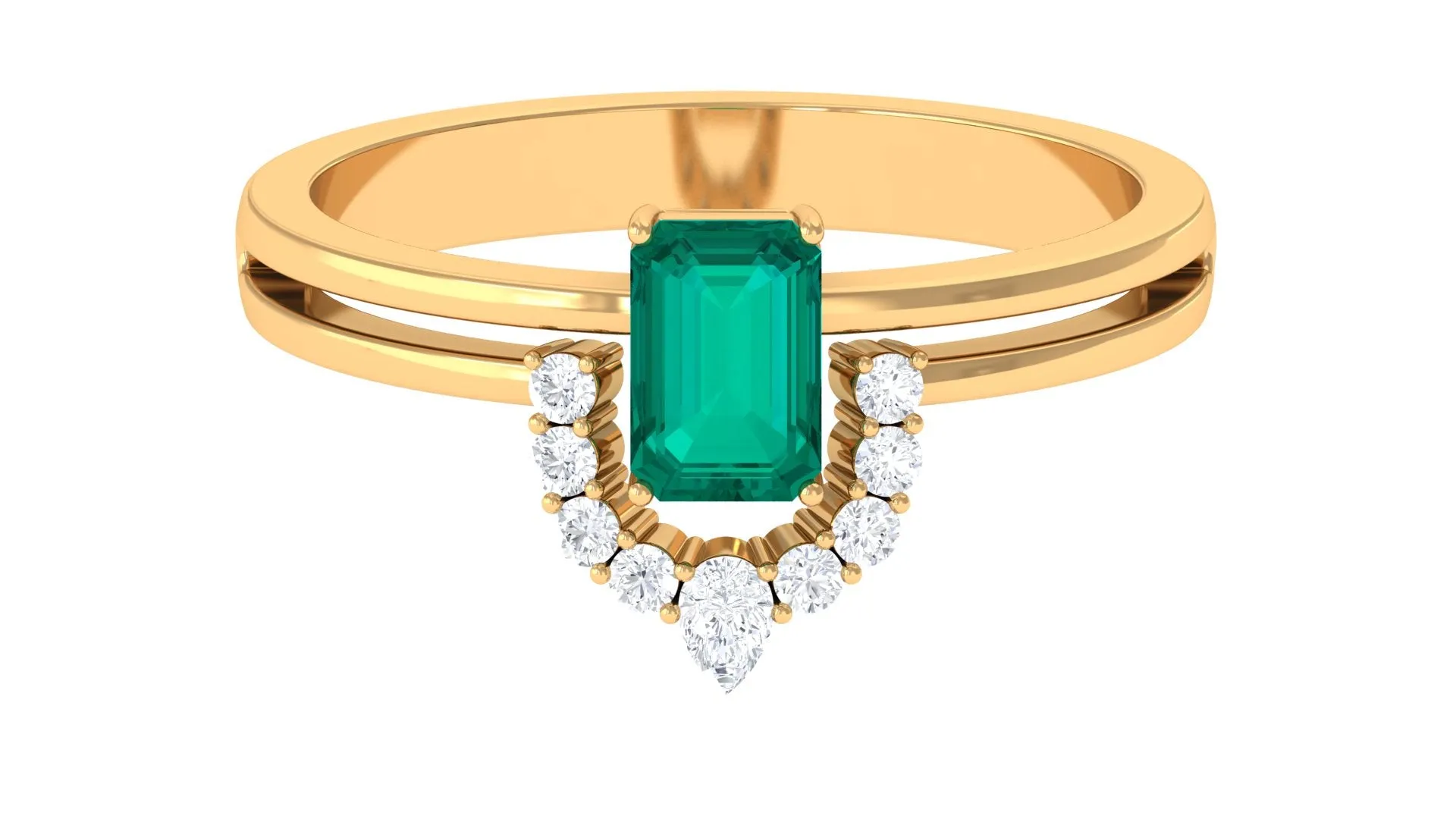 1 CT Solitaire Emerald Double Band Engagement Ring with Diamond Accent