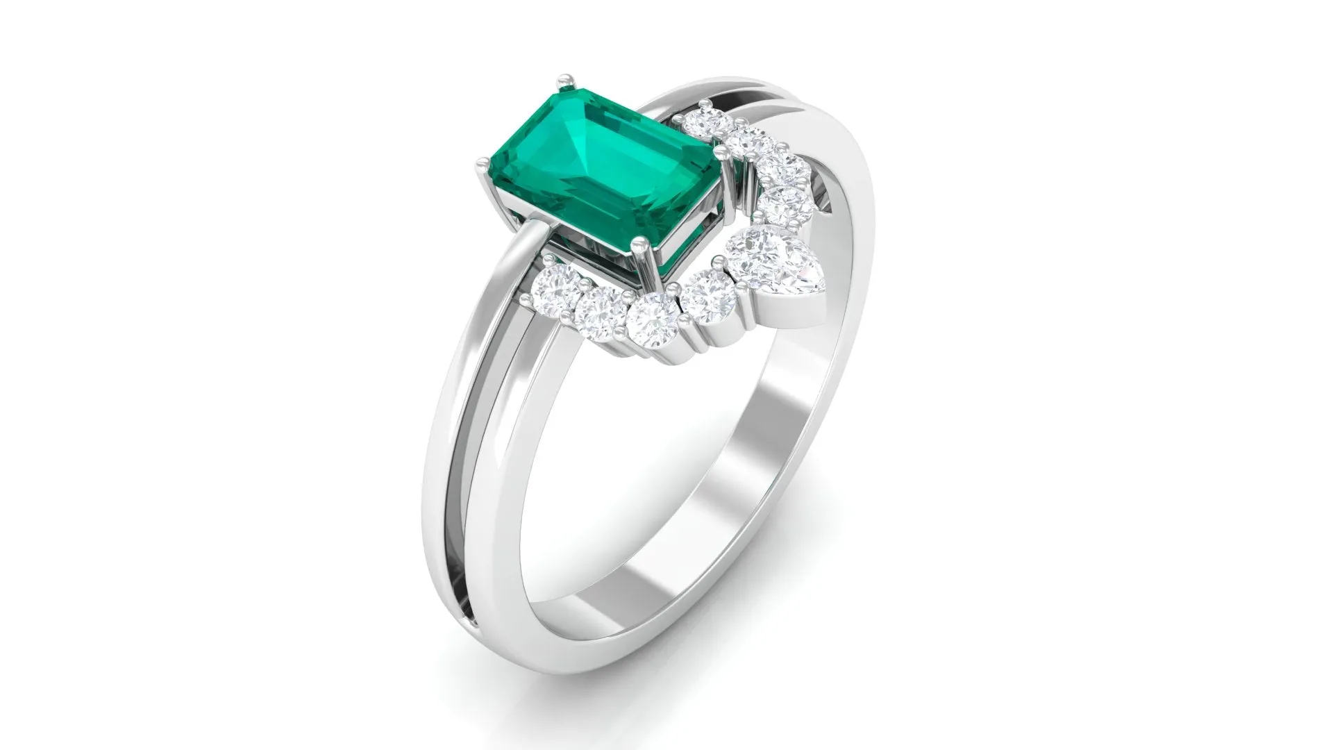 1 CT Solitaire Emerald Double Band Engagement Ring with Diamond Accent