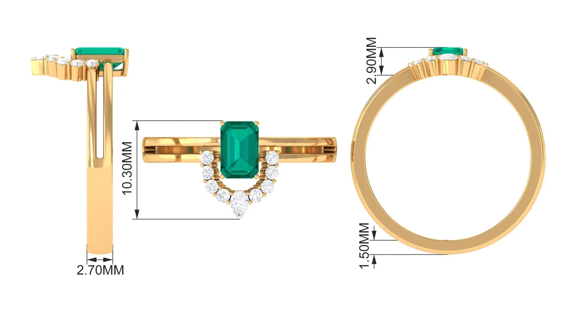 1 CT Solitaire Emerald Double Band Engagement Ring with Diamond Accent