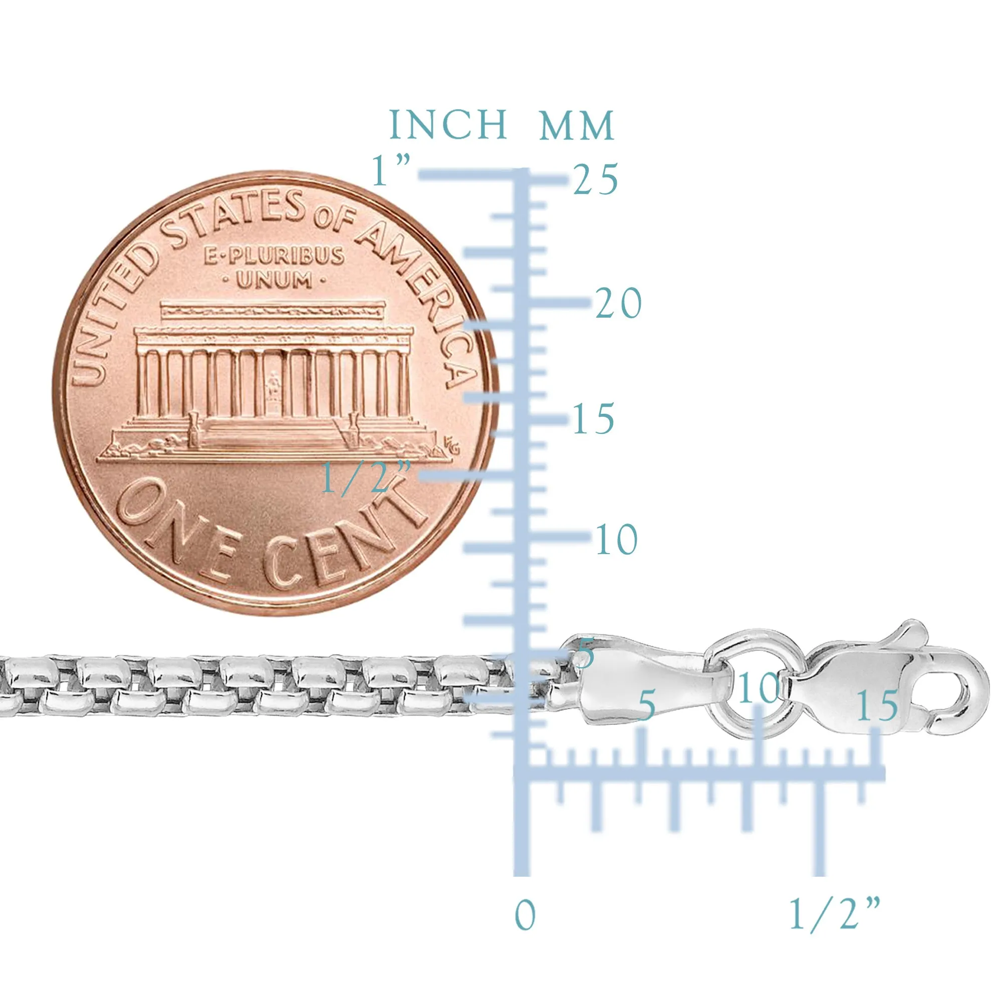 14k White Gold Round Box Chain Necklace, 2.4mm