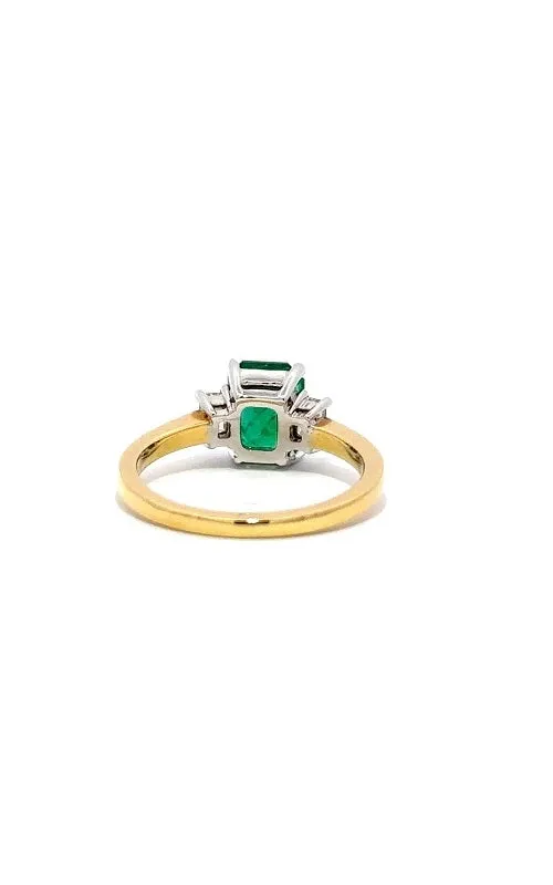 18K YELLOW AND WHITE GOLD THREE-STONE EMERALD AND DIAMONDS RING G13451