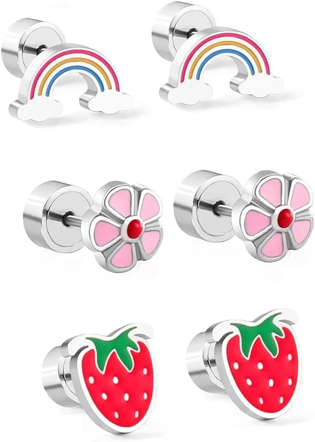 20g Strawberry Flower Rainbow Tiny Small Stud Earrings for Women Girls Cartilage Tragus Sensitive Ear Flat Back Stainless Steel Hypoallergenic Sleeper Piercing Fashion Jewelry 3 Pairs Set