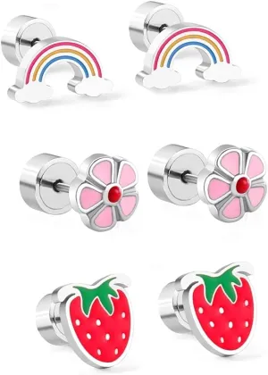 20g Strawberry Flower Rainbow Tiny Small Stud Earrings for Women Girls Cartilage Tragus Sensitive Ear Flat Back Stainless Steel Hypoallergenic Sleeper Piercing Fashion Jewelry 3 Pairs Set