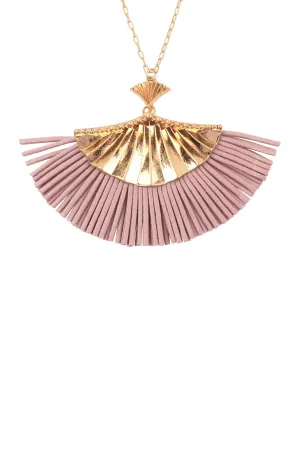 30 Inch Fan Shaped Pu Leather Fringe Long Necklace Dusty Pink - Pack of 6