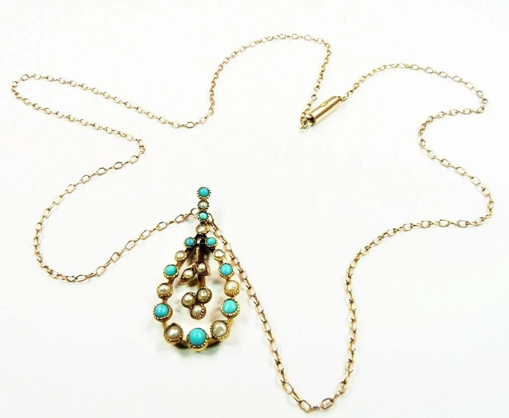 Antique Edwardian Hallmarked Gold Turquoise And Seed Pearl Pendant With Original Hallmarked Gold Necklace 1900s