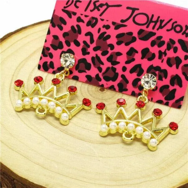 Betsey Johnson Crown Red Rhinestone Gold Dangle Earring