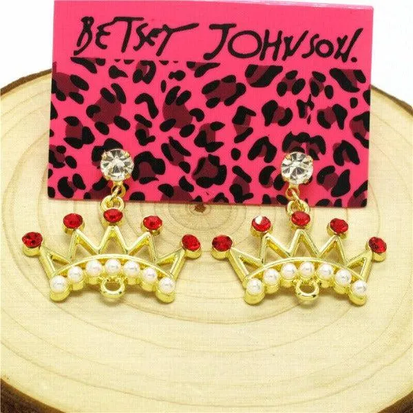 Betsey Johnson Crown Red Rhinestone Gold Dangle Earring