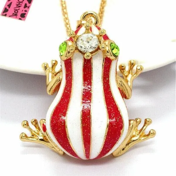 Betsey Johnson Frog Red & White Striped Enamel Crystal Crown Necklace