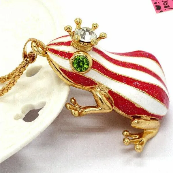Betsey Johnson Frog Red & White Striped Enamel Crystal Crown Necklace
