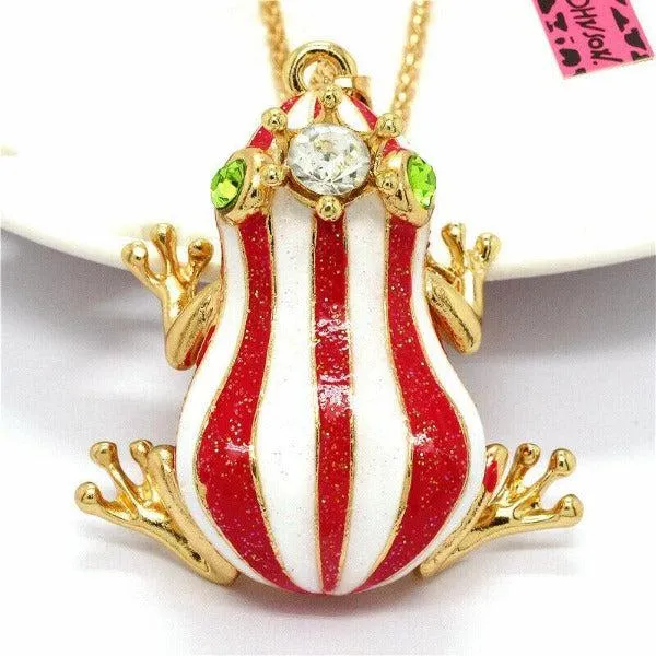Betsey Johnson Frog Red & White Striped Enamel Crystal Crown Necklace
