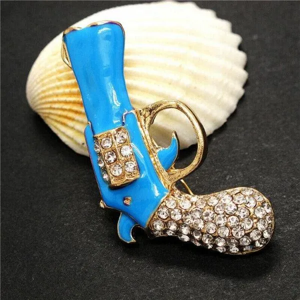 Betsey Johnson Gun Revolver Blue Enamel Rhinestone Brooch Pin