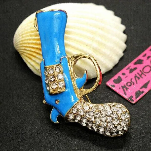 Betsey Johnson Gun Revolver Blue Enamel Rhinestone Brooch Pin