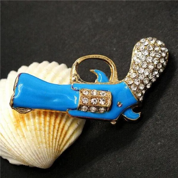 Betsey Johnson Gun Revolver Blue Enamel Rhinestone Brooch Pin