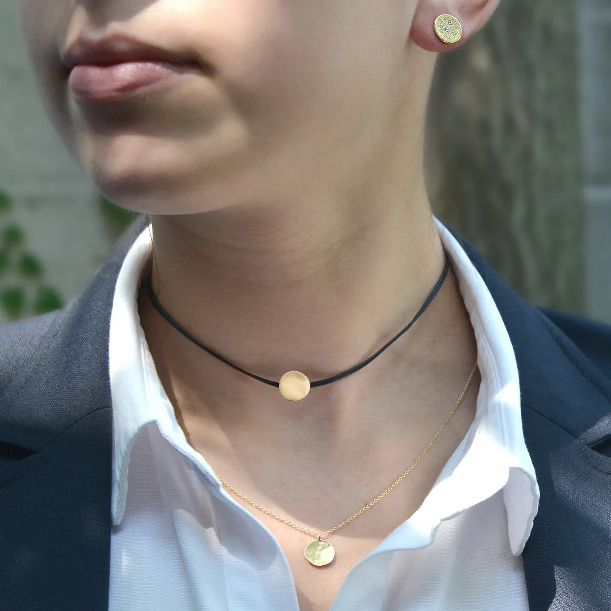 Black Linen Cord Gold Disc Choker Necklace