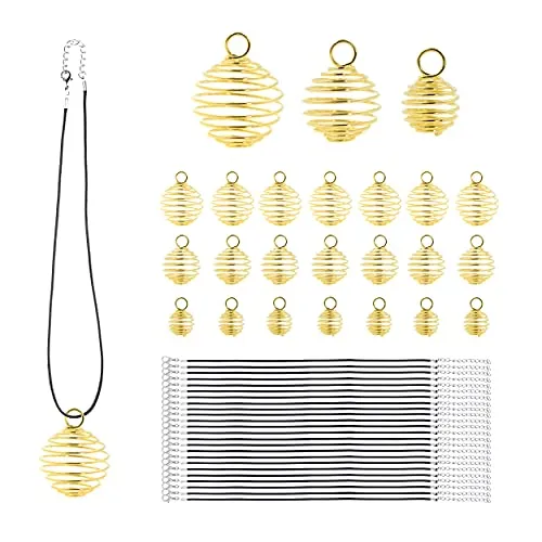 Cage Necklace Pendant with Necklace Cord Spiral Bead Cages Stone Holder Necklace Cage Pendants for Jewelry Making Crafting 24 Sets 14mm 20mm 25mm