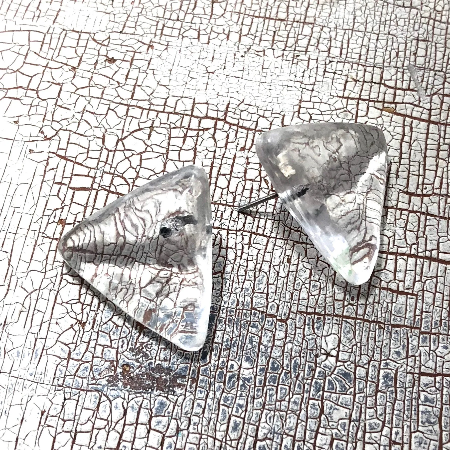 Clear Mottled Lucite Triangle Stud Earrings
