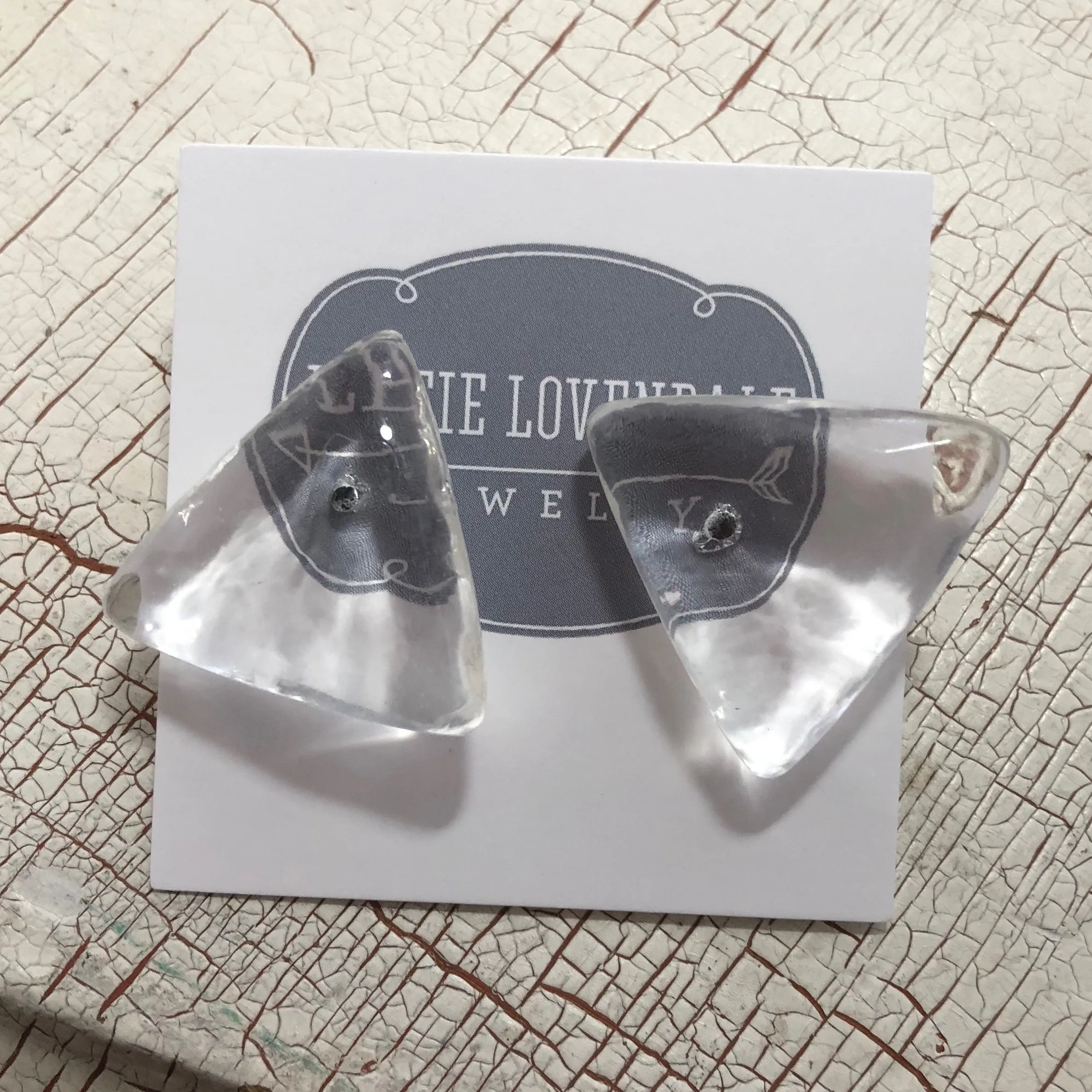 Clear Mottled Lucite Triangle Stud Earrings