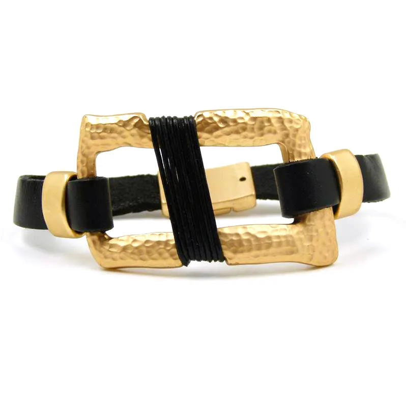 Contemporary beaten metal&leather shape on leather bracelet