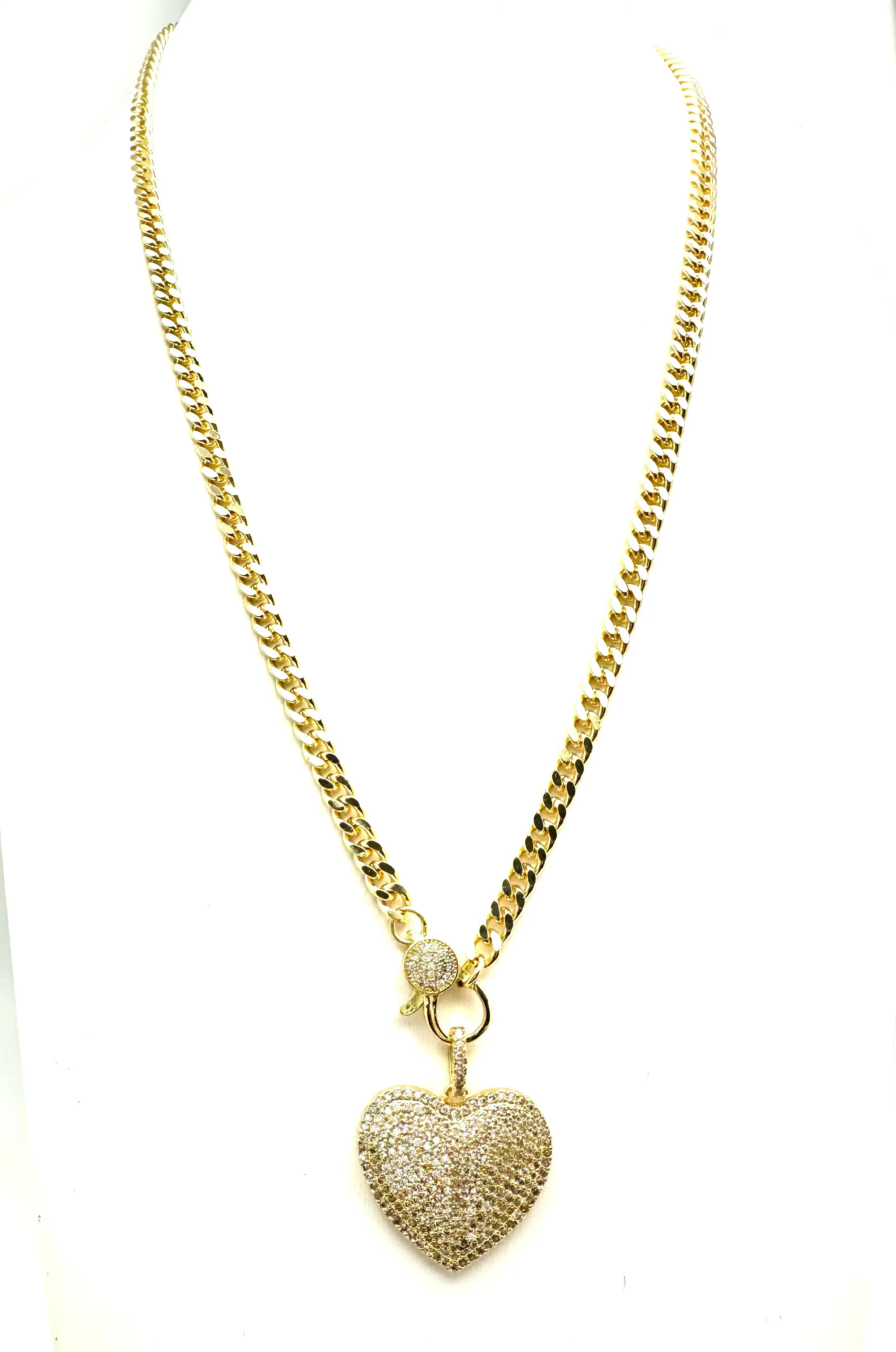 Cuban Chain and CZ Heart Necklace