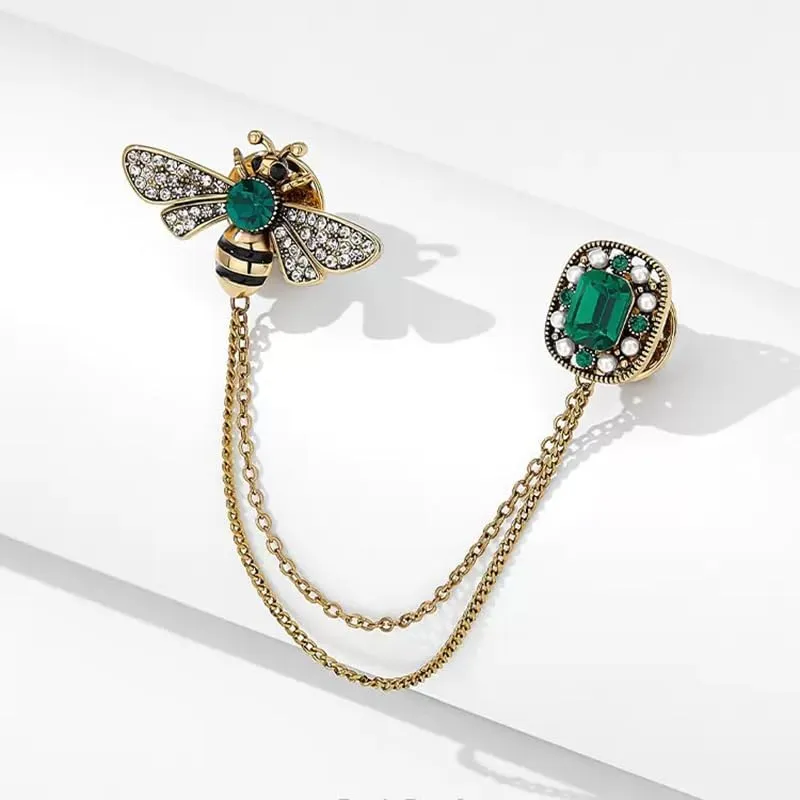 Dreuyet Honey Bee Brooches for Women Men CZ Crystal Cute Bee With Hanging Chain Tassel Badge Suit Collar Brooch Lapel Pin Vintage Insect Themes Hanging Brooches Pins Accessories