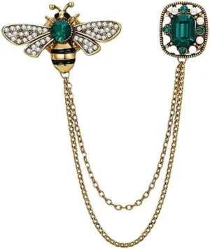 Dreuyet Honey Bee Brooches for Women Men CZ Crystal Cute Bee With Hanging Chain Tassel Badge Suit Collar Brooch Lapel Pin Vintage Insect Themes Hanging Brooches Pins Accessories