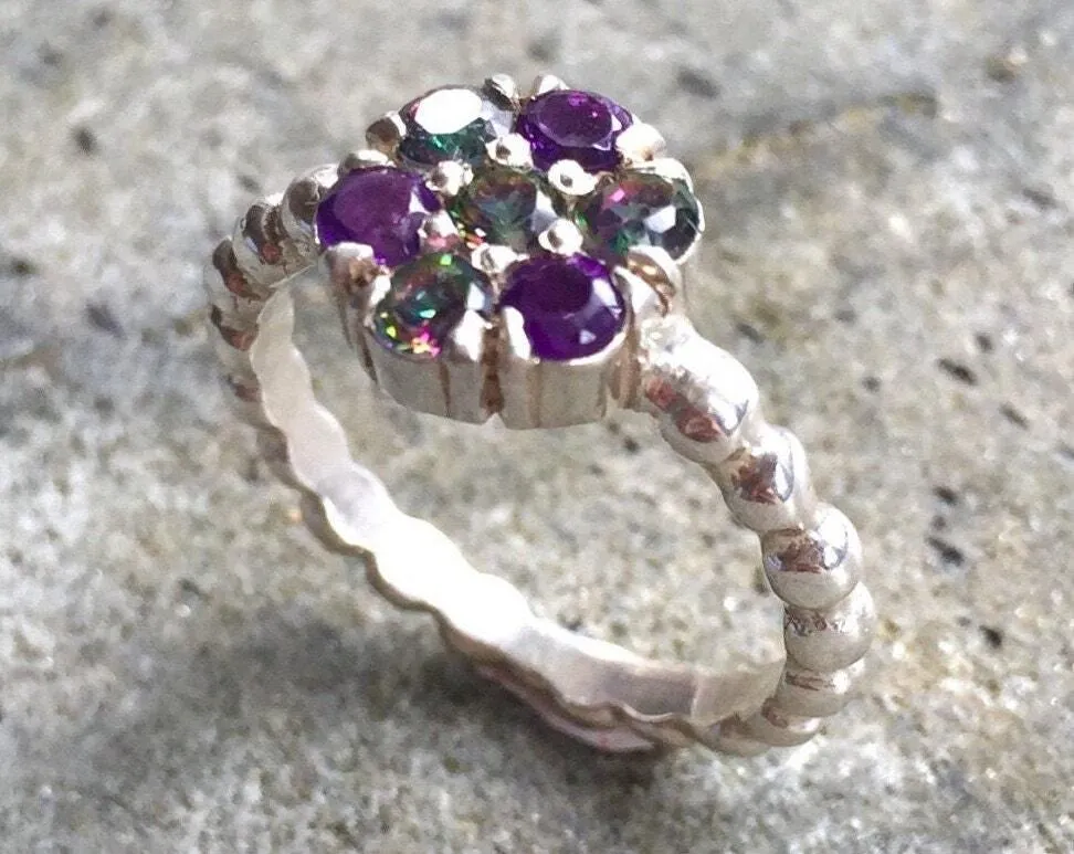Flower Amethyst Ring - Mystic Topaz Ring - Vintage Cocktail Ring