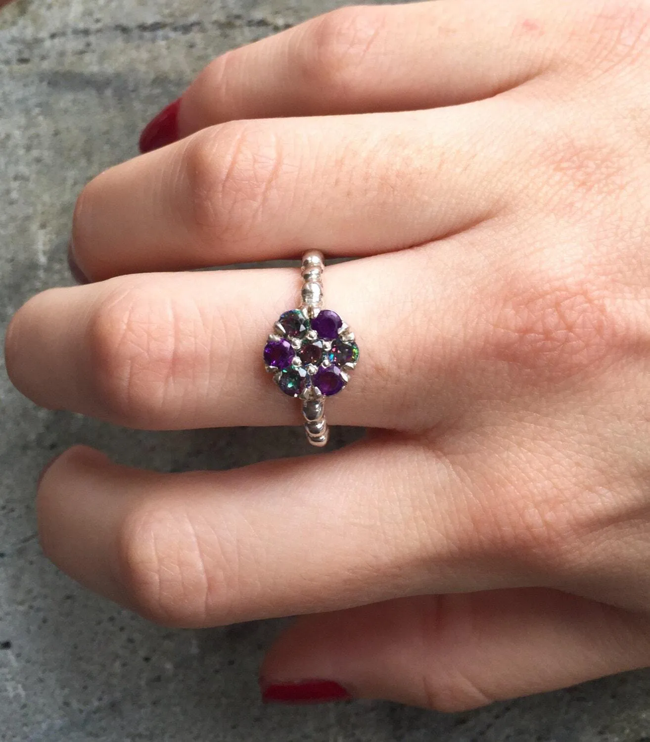 Flower Amethyst Ring - Mystic Topaz Ring - Vintage Cocktail Ring