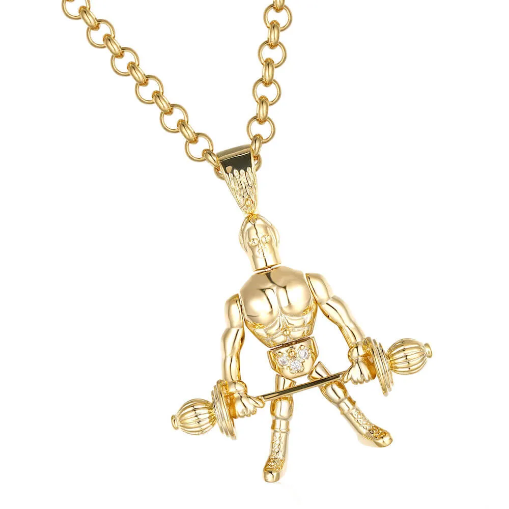 Gold Filled Weightlifter Pendant All Clear Stones 22 Inch 5mm Belcher Chain