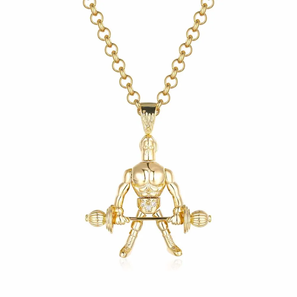 Gold Filled Weightlifter Pendant All Clear Stones 22 Inch 5mm Belcher Chain