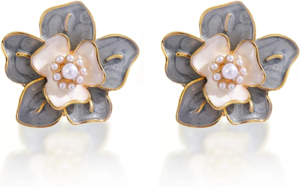 Gold Flower Earrings for Women Camellia Pearl Stud Earrings Dainty Flower Earrings Boho Floral Stud Earrings for Women