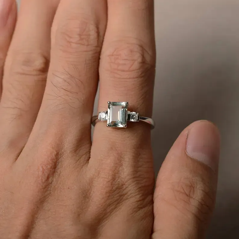 Green Amethyst Emerald Cut Three Stone Promise RIng - 925 Sterling Silver Ring