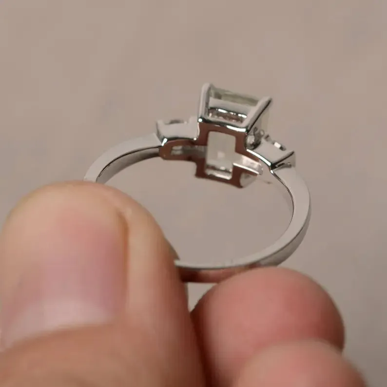Green Amethyst Emerald Cut Three Stone Promise RIng - 925 Sterling Silver Ring