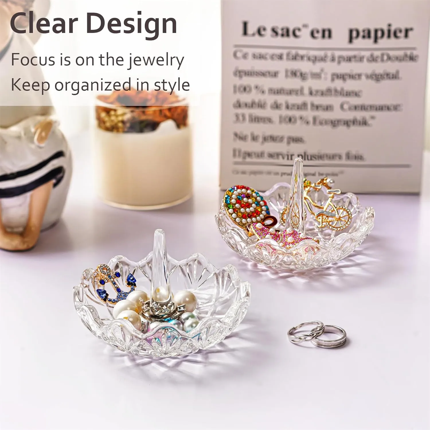 H&D HYALINE & DORA Clear Crystal Ring Holder, Glass Jewelry Dish, Display for Wedding, Wavy Shape Gift for Mom, Wife, Girl