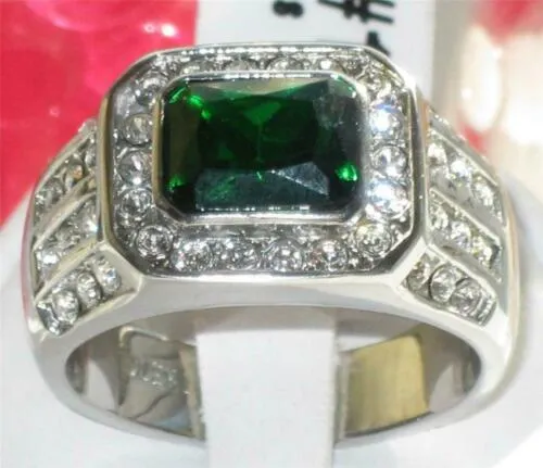 Jewellery Kingdom Mens Emerald Cubic Zirconia Signet Pinky Stainless Steel Bezel Ring (Silver Green)