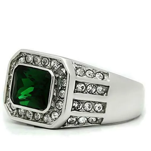 Jewellery Kingdom Mens Emerald Cubic Zirconia Signet Pinky Stainless Steel Bezel Ring (Silver Green)