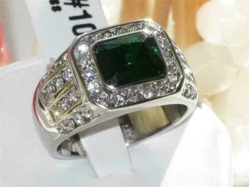 Jewellery Kingdom Mens Emerald Cubic Zirconia Signet Pinky Stainless Steel Bezel Ring (Silver Green)