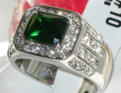 Jewellery Kingdom Mens Emerald Cubic Zirconia Signet Pinky Stainless Steel Bezel Ring (Silver Green)
