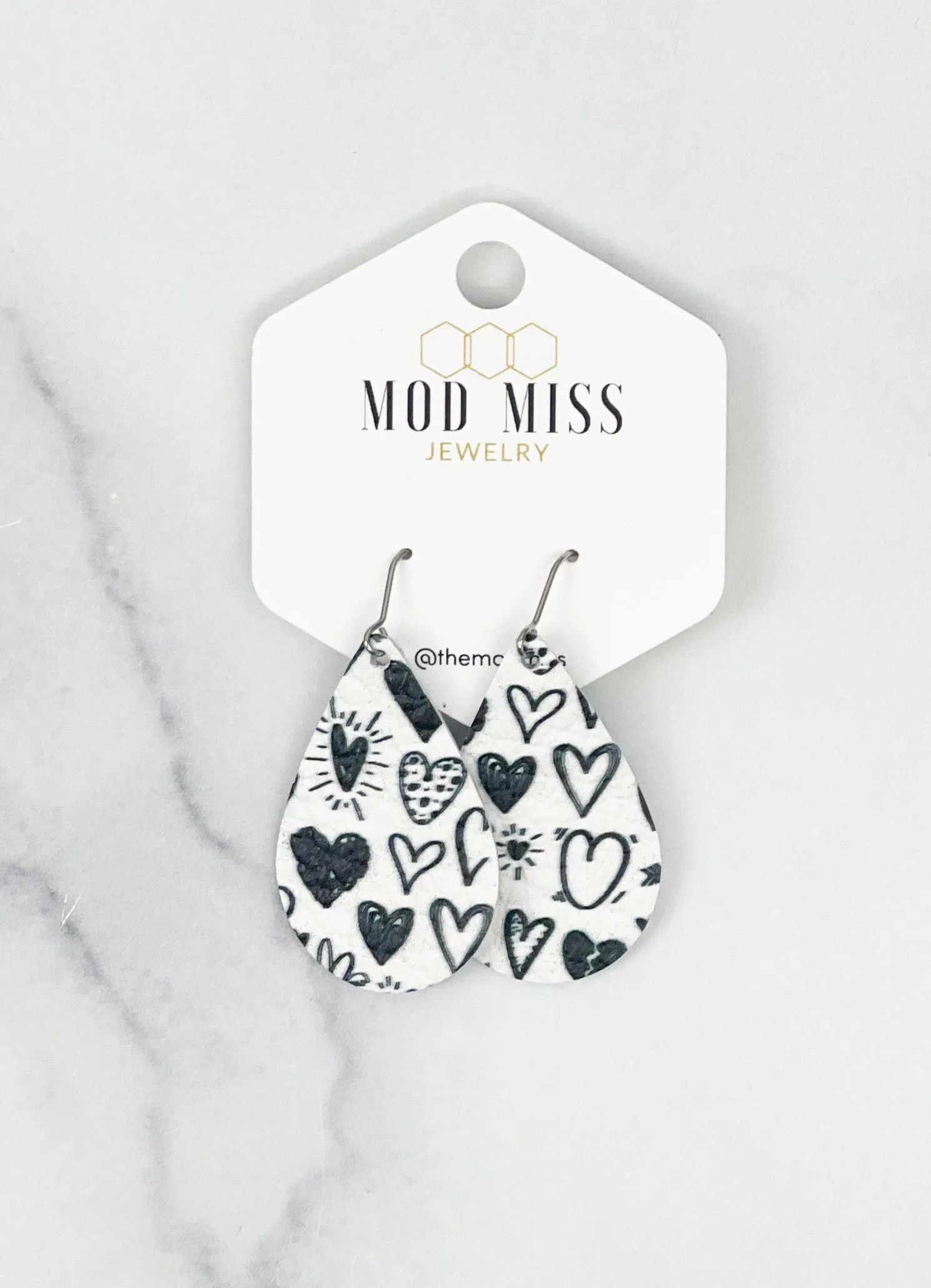 Leather Teardrop Earring Black&White Hearts