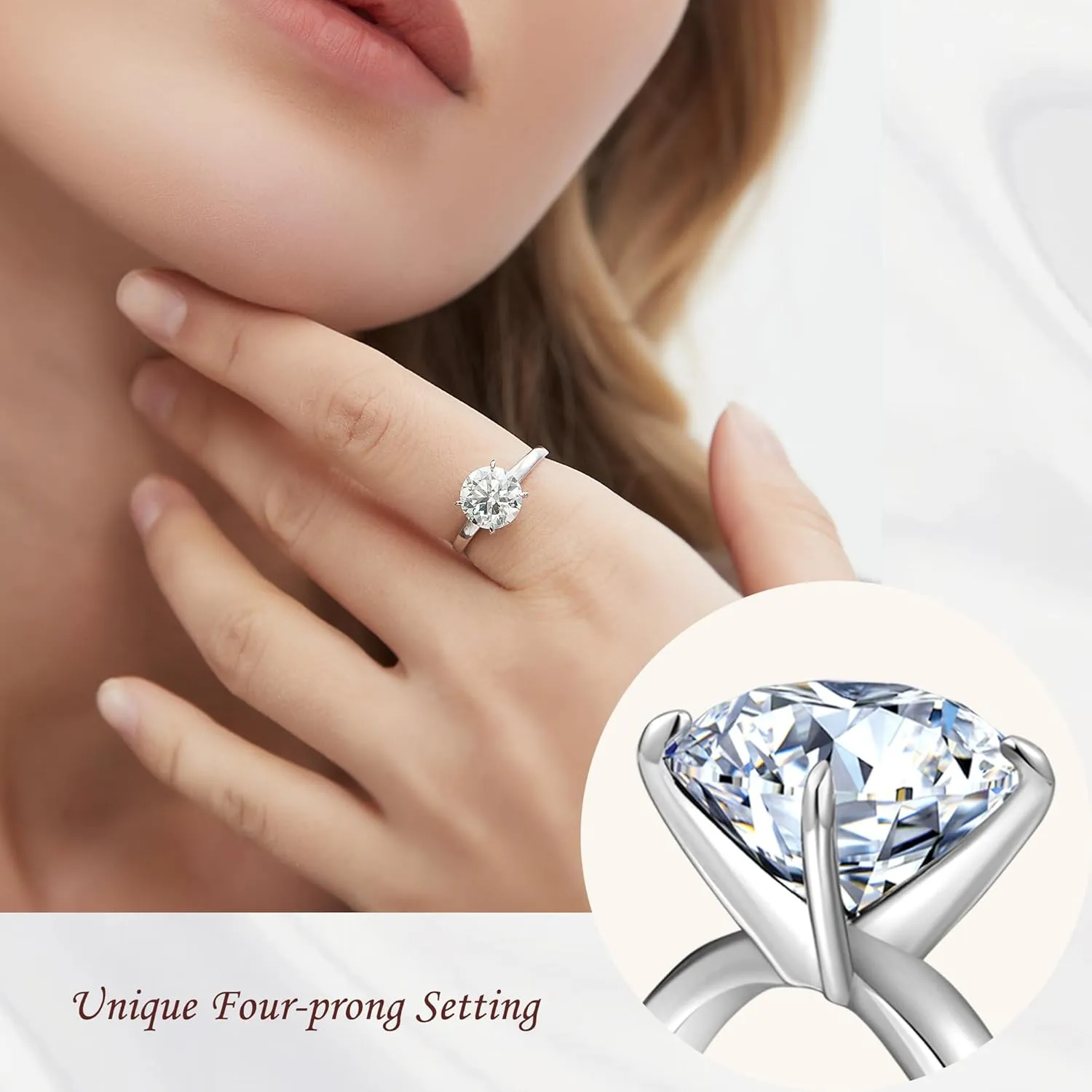 Moissanite Rings for Women, D Color VVS1 Clarity Round Engagement Ring 925 Sterling Sliver with 18K White Gold Plated, Moissanite Solitaire Promise Wedding Ring 1/1.5/2/3 CT