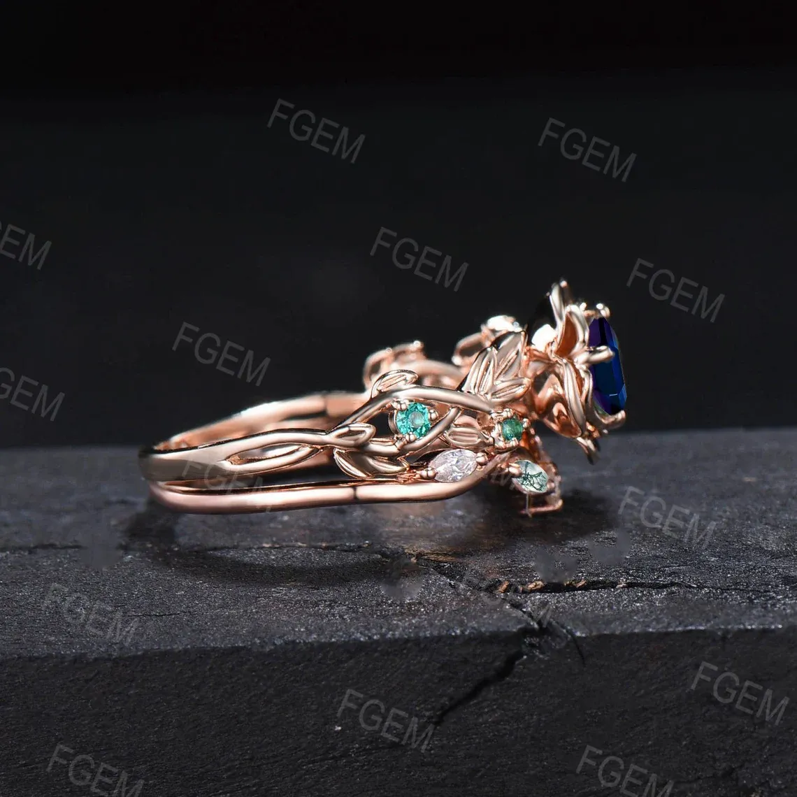 Nature Inspired Rose Flower Color-Change Alexandrite Emerald Engagement Ring Set Rose Gold Floral Leaf Moss Agate Emerald Ring Promise Gift