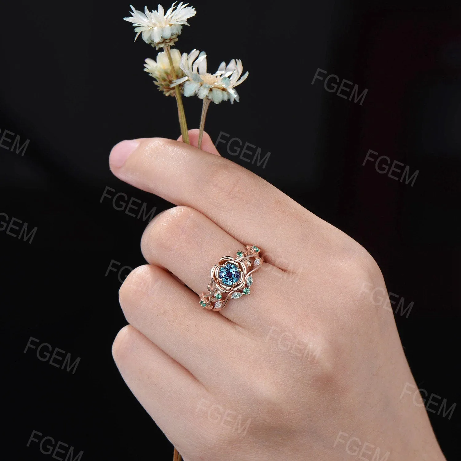 Nature Inspired Rose Flower Color-Change Alexandrite Emerald Engagement Ring Set Rose Gold Floral Leaf Moss Agate Emerald Ring Promise Gift