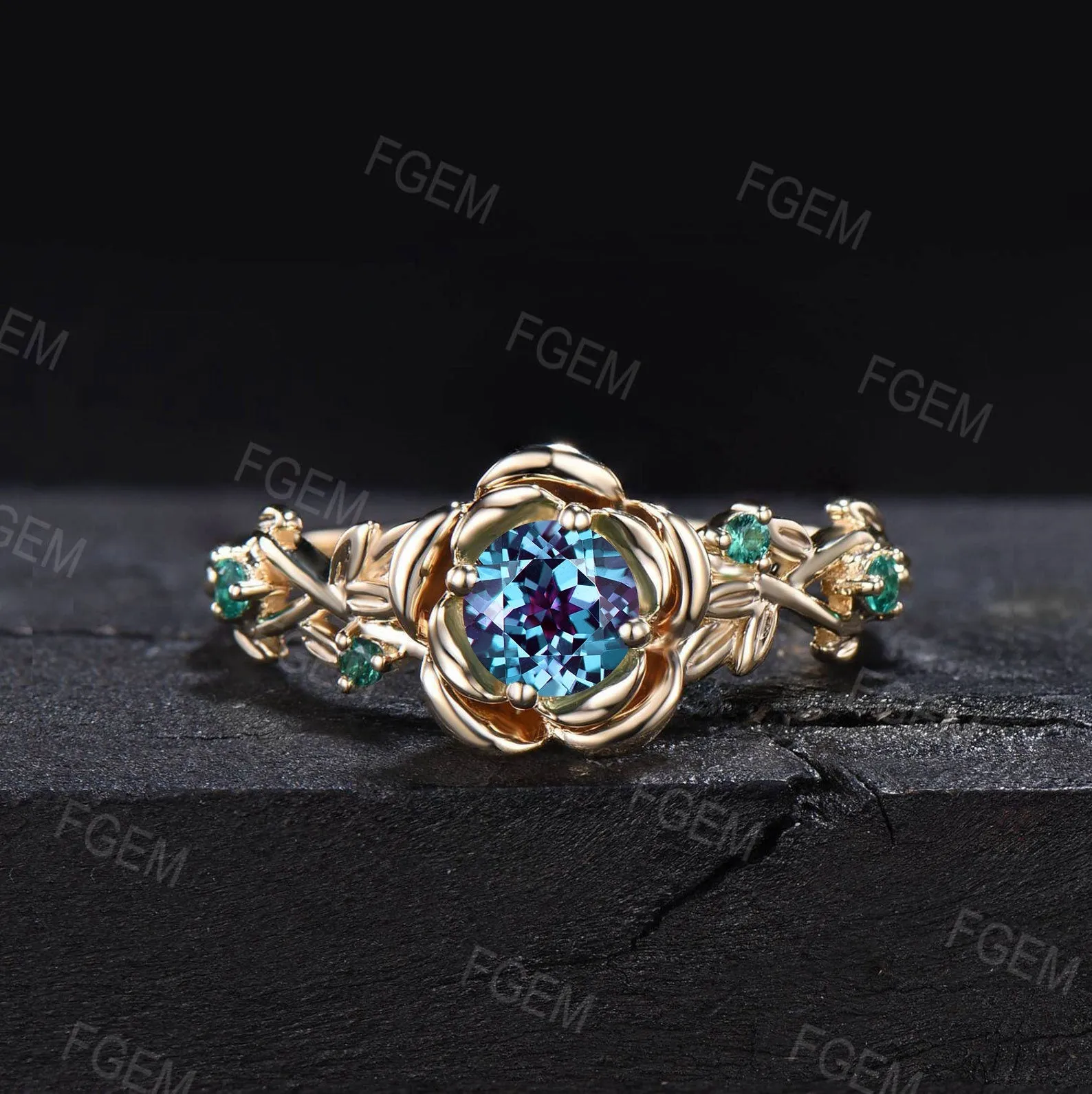 Nature Inspired Rose Flower Color-Change Alexandrite Emerald Engagement Ring Set Rose Gold Floral Leaf Moss Agate Emerald Ring Promise Gift