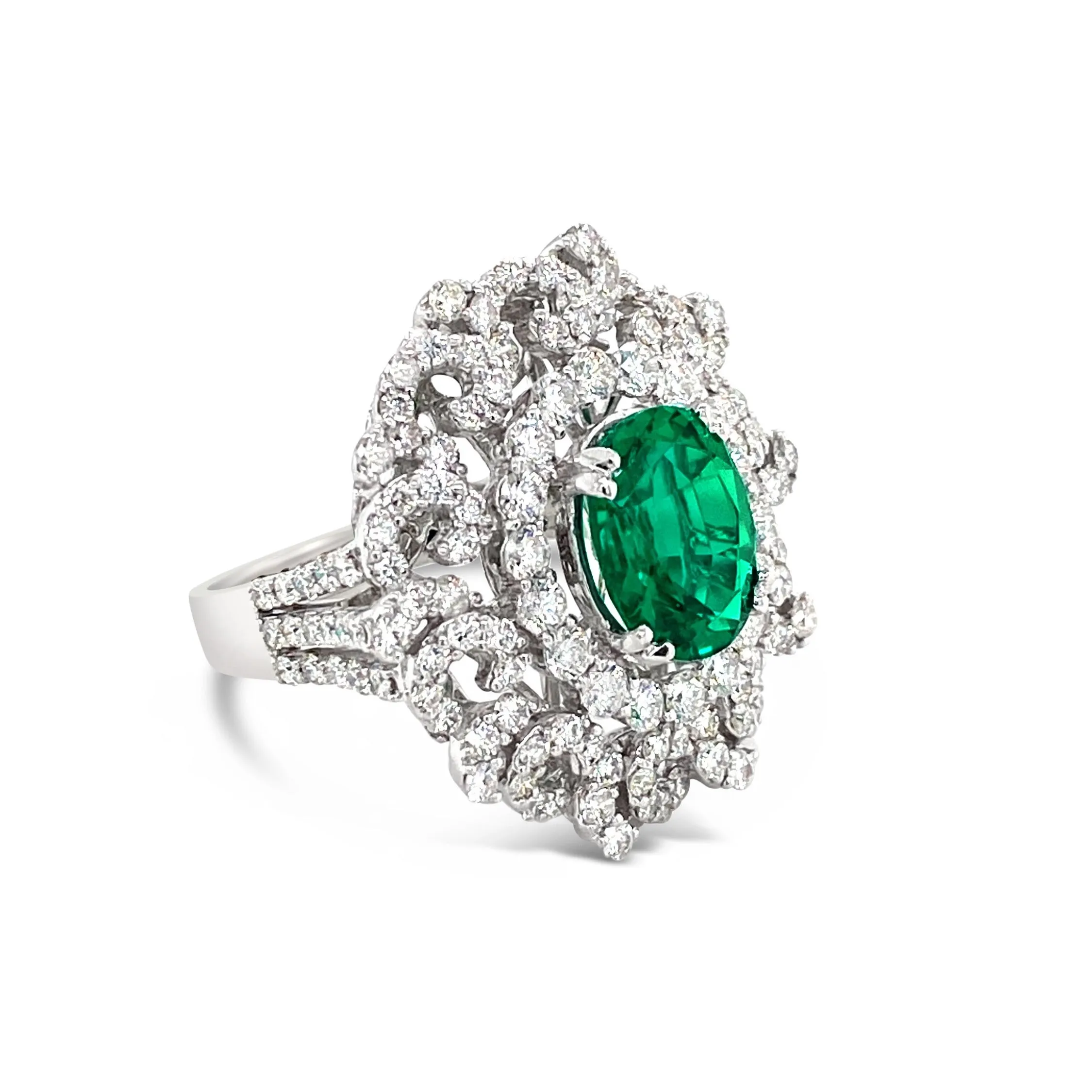 Oval Cut Emerald & Diamonds "Curly" Ring