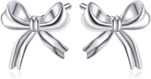 Reffeer Solid 925 Sterling Silver Bow Stud Earrings for Women Teens Small Ribbon Stud Earrings Bowknot