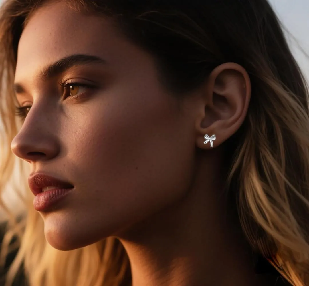 Reffeer Solid 925 Sterling Silver Bow Stud Earrings for Women Teens Small Ribbon Stud Earrings Bowknot