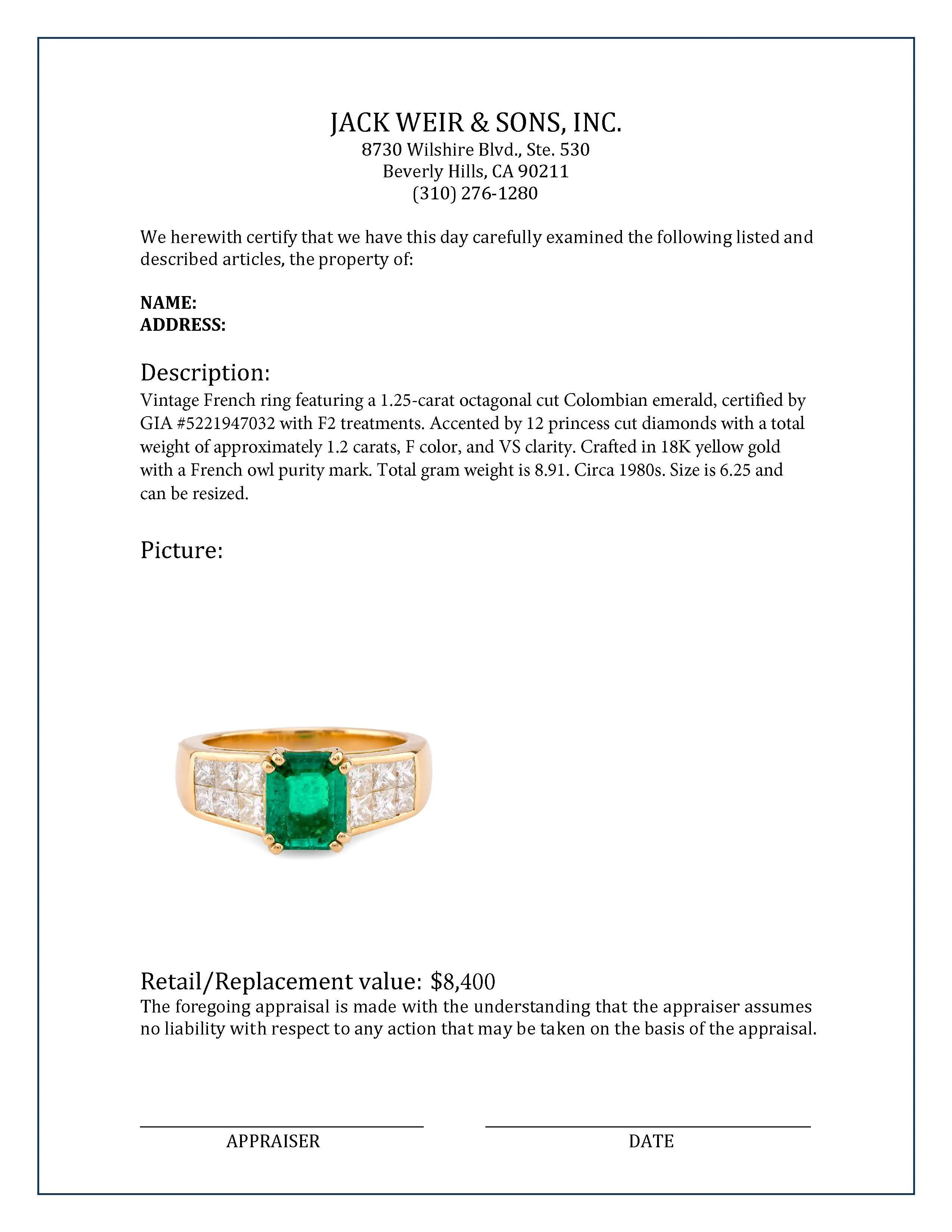 Vintage French GIA 1.25 Carat Colombian Emerald Diamond 18K Yellow Gold Ring