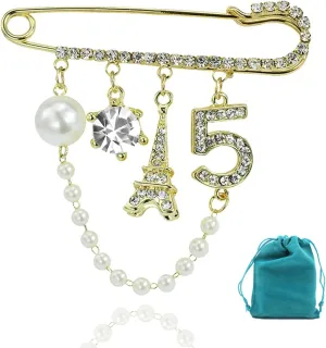 Vintage Number Five Lapel Pin Brooches for Women, Pearl Brooch Pins for Women, Corsage Scarf Pins Rhinestones Jewelry Breastpin with Hanging Pearl Chain for Wedding Banquet Bouquet