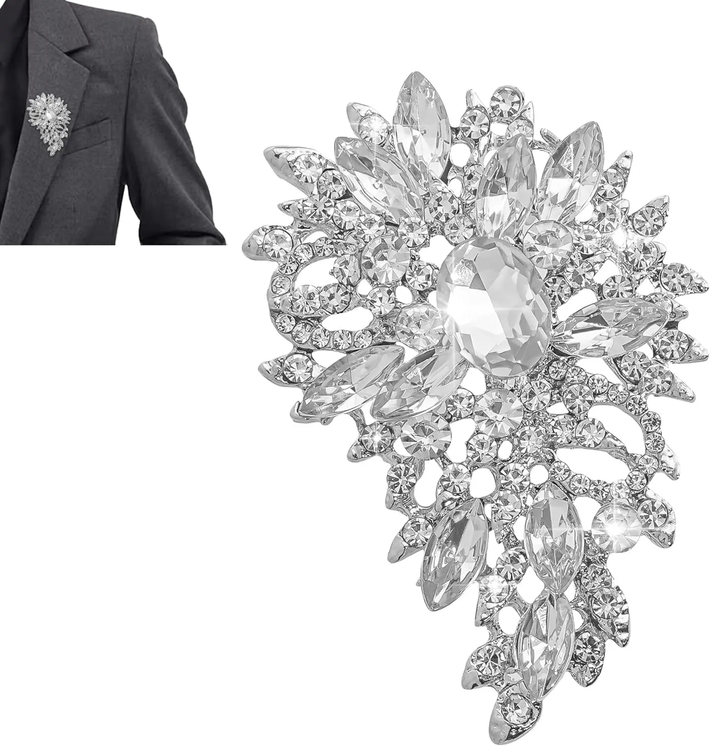 Women's Austrian Crystal Wedding Flower Leaf Bouquet Brooch, Elegant Jewelry Cubic Zirconia Brooch Pins for Women Fashion, Large Vintage Rhinestone Brooches Gift (Silver)