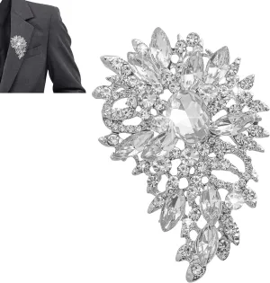 Women's Austrian Crystal Wedding Flower Leaf Bouquet Brooch, Elegant Jewelry Cubic Zirconia Brooch Pins for Women Fashion, Large Vintage Rhinestone Brooches Gift (Silver)